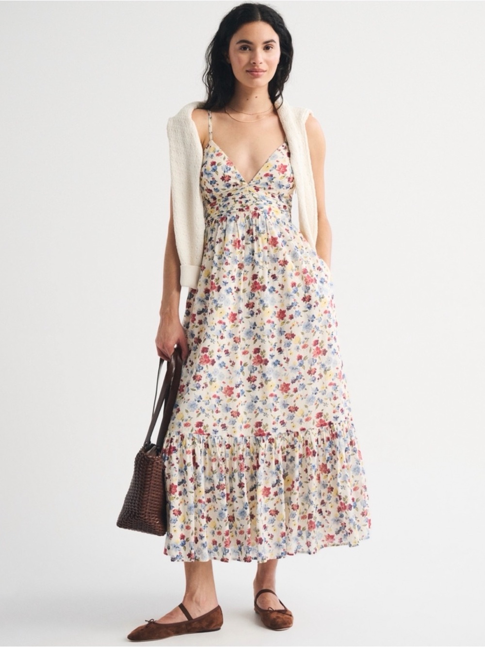Abercrombie & Fitch Cream Floral V-Neck Tiered Maxi Dress